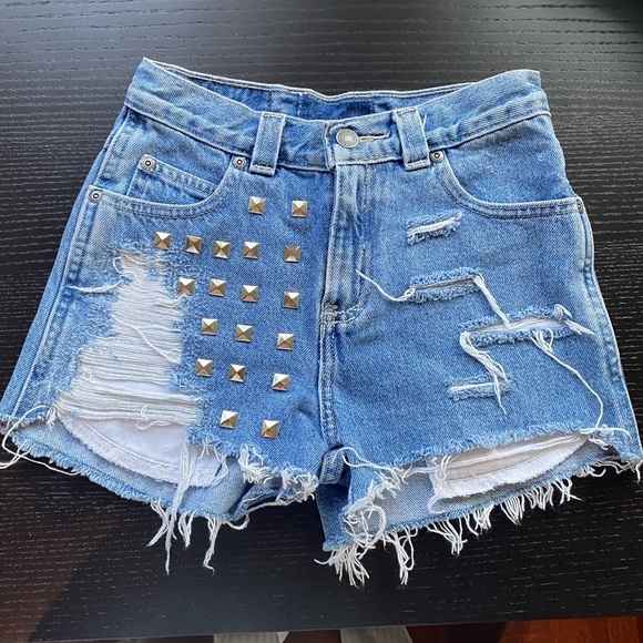 LF Pants - LF ripped denim short shorts with bedazzle on front
